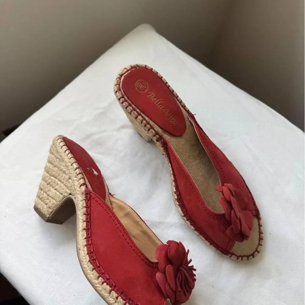 Bella Vita Red Leather Floral Espadrille Block Heel Mules Y2K Vintage Cottage 8